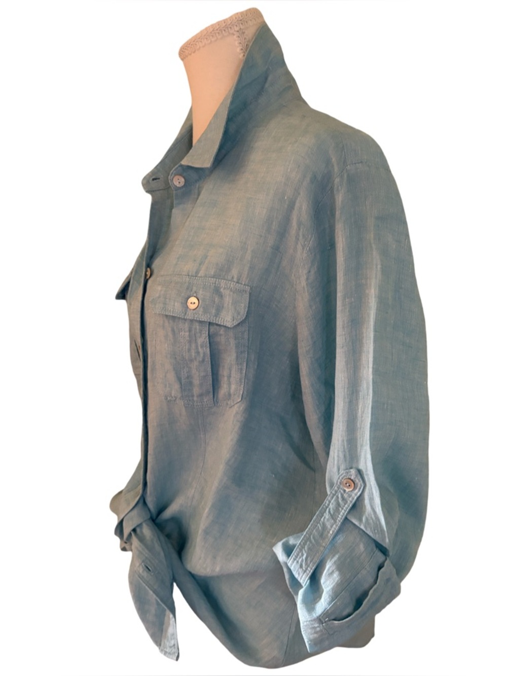 Saks Fifth Avenue Linen Button Front Shirt in Robbins Egg BlueSize XL - Picture 5 of 10
